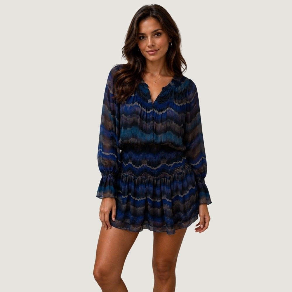 Diane von Furstenberg Blue Wave Silk Chiffon Smocked Mini Dress 6